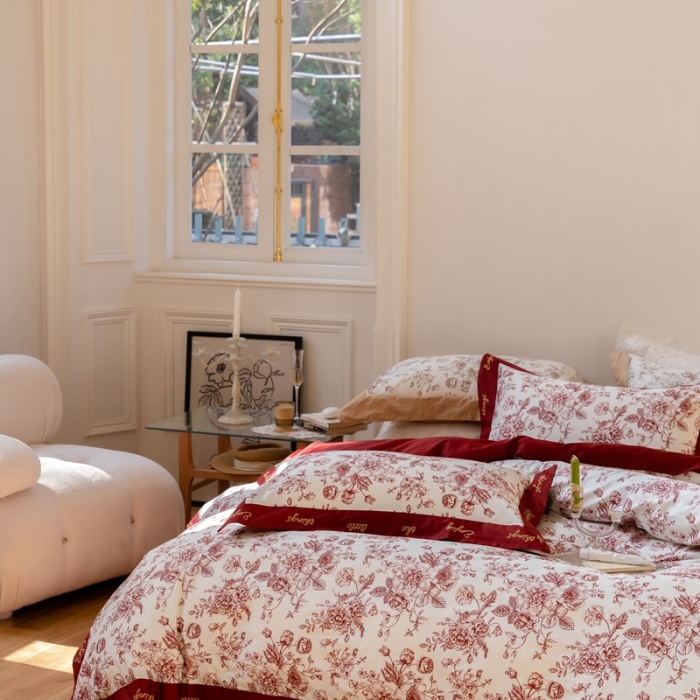 91家纺网 家纺一手货源 找家纺 优然居 新款100支数码印花刺绣工艺款四件套-克里斯汀 红