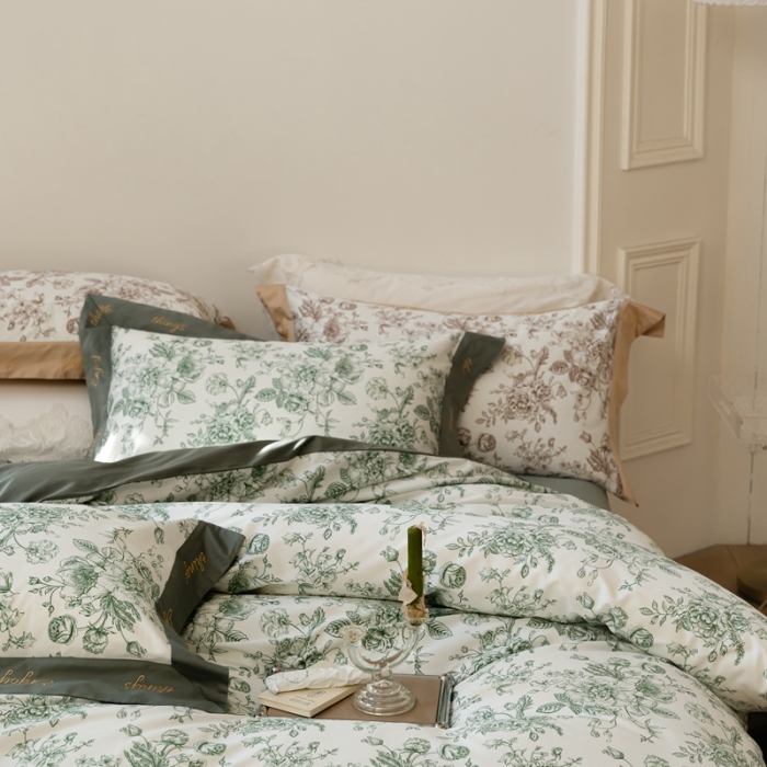 91家纺网 家纺一手货源 找家纺 优然居 新款100支数码印花刺绣工艺款四件套-克里斯汀 绿