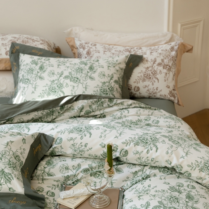 91家纺网 家纺一手货源 找家纺 优然居 新款100支数码印花刺绣工艺款四件套-克里斯汀 绿