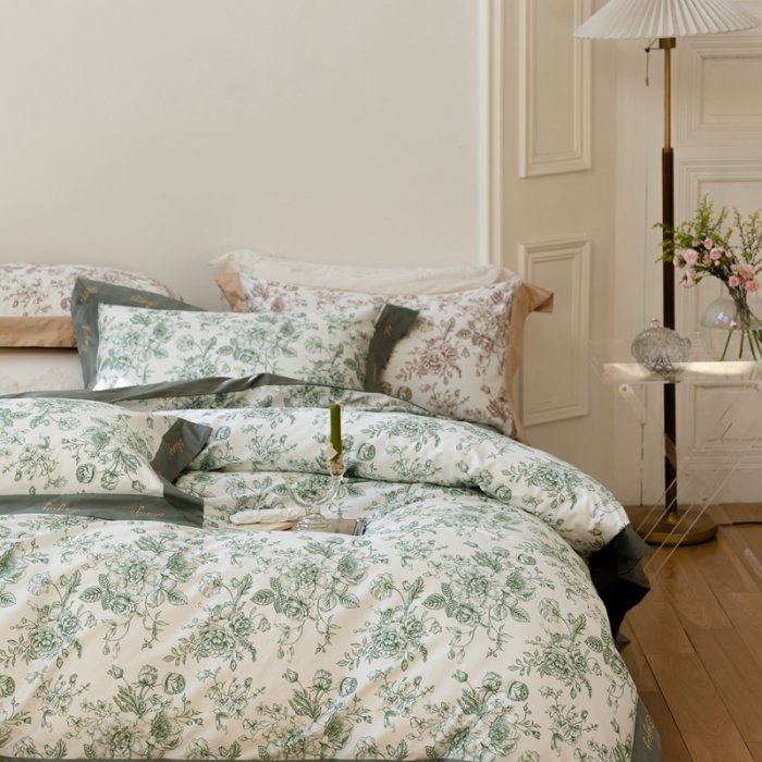 91家纺网 家纺一手货源 找家纺 优然居 新款100支数码印花刺绣工艺款四件套-克里斯汀 绿