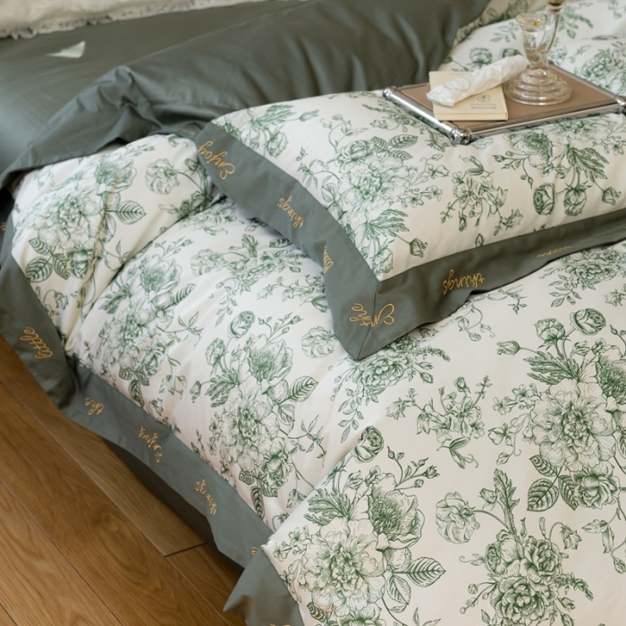 91家纺网 家纺一手货源 找家纺 优然居 新款100支数码印花刺绣工艺款四件套-克里斯汀 绿