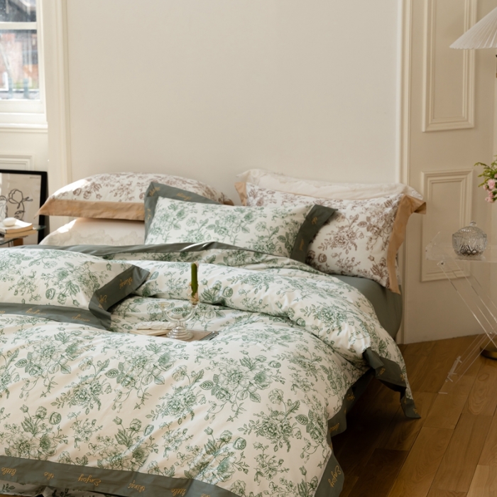 91家纺网 家纺一手货源 找家纺 优然居 新款100支数码印花刺绣工艺款四件套-克里斯汀 绿