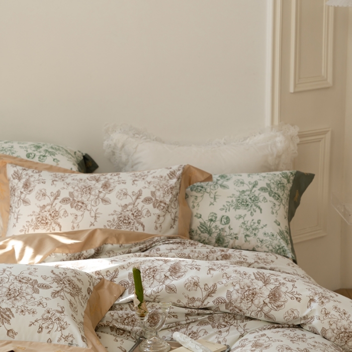 91家纺网 家纺一手货源 找家纺 优然居 新款100支数码印花刺绣工艺款四件套-克里斯汀 奶咖