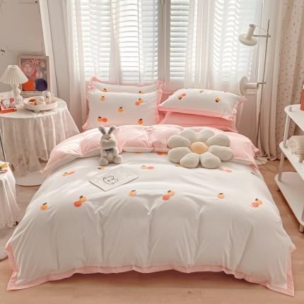 91家纺网 家纺一手货源 找家纺 雨菲 2022新款水洗棉毛巾绣花边四件套 小桔子-白+玉