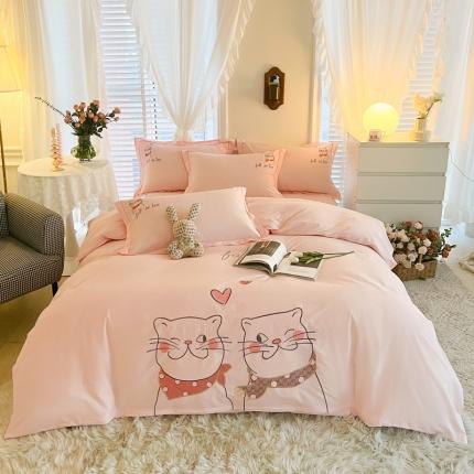 雲归梦 2022新款小清新全棉绣花四件套 可爱喵-粉色