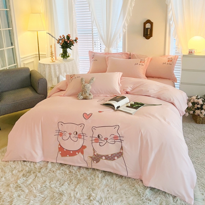 91家纺网 家纺一手货源 找家纺 雲归梦 2022新款小清新全棉绣花四件套 可爱喵-粉色