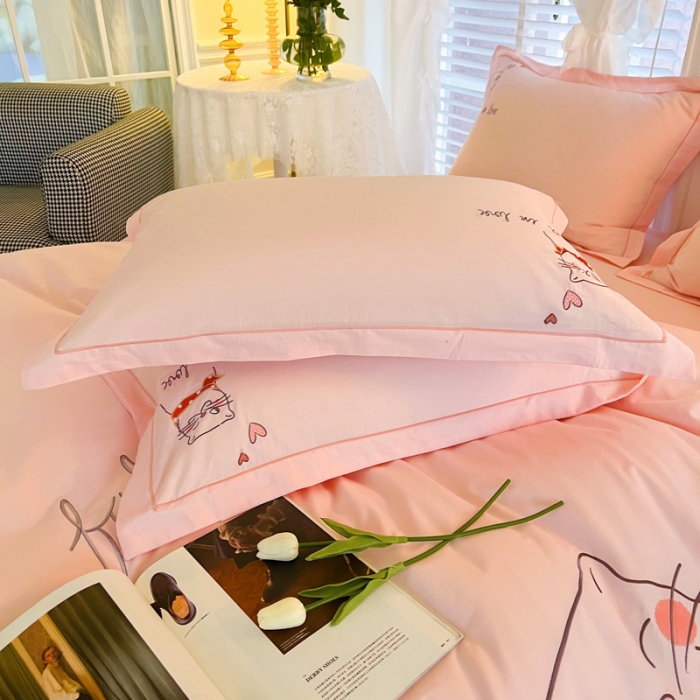 91家纺网 家纺一手货源 找家纺 雲归梦 2022新款小清新全棉绣花四件套 可爱喵-粉色