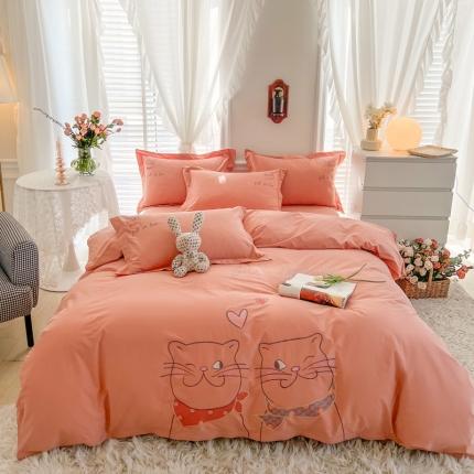 雲归梦 2022新款小清新全棉绣花四件套 可爱喵-橘色