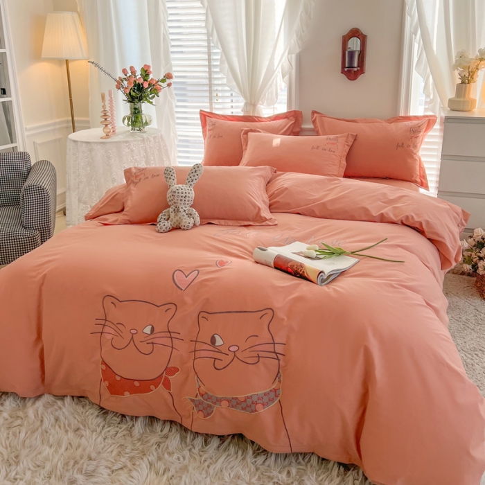 91家纺网 家纺一手货源 找家纺 雲归梦 2022新款小清新全棉绣花四件套 可爱喵-橘色