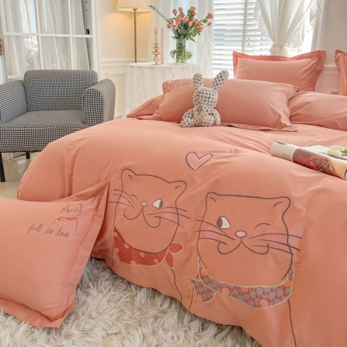 91家纺网 家纺一手货源 找家纺 雲归梦 2022新款小清新全棉绣花四件套 可爱喵-橘色