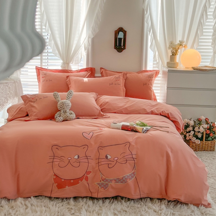 91家纺网 家纺一手货源 找家纺 雲归梦 2022新款小清新全棉绣花四件套 可爱喵-橘色