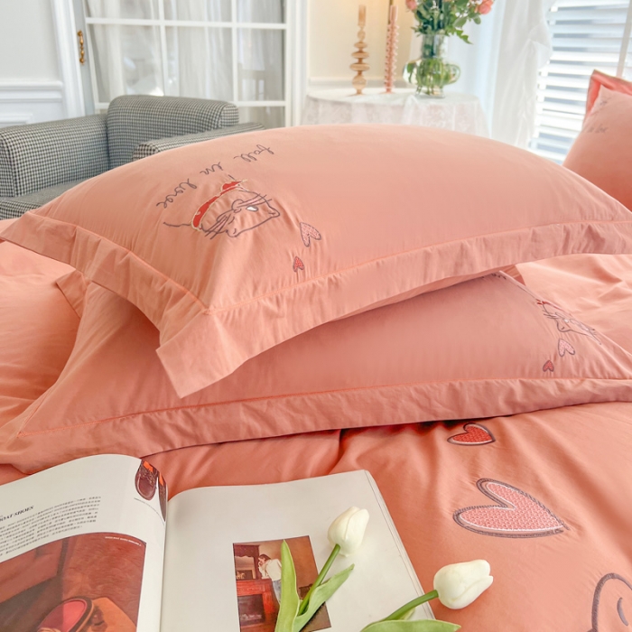 91家纺网 家纺一手货源 找家纺 雲归梦 2022新款小清新全棉绣花四件套 可爱喵-橘色