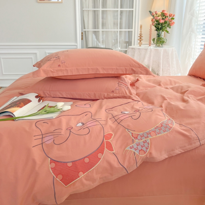 91家纺网 家纺一手货源 找家纺 雲归梦 2022新款小清新全棉绣花四件套 可爱喵-橘色