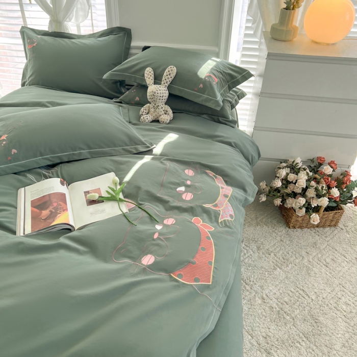 91家纺网 家纺一手货源 找家纺 雲归梦 2022新款小清新全棉绣花四件套 可爱喵-绿色