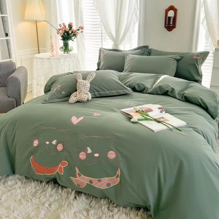 91家纺网 家纺一手货源 找家纺 雲归梦 2022新款小清新全棉绣花四件套 可爱喵-绿色