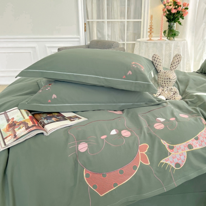 91家纺网 家纺一手货源 找家纺 雲归梦 2022新款小清新全棉绣花四件套 可爱喵-绿色