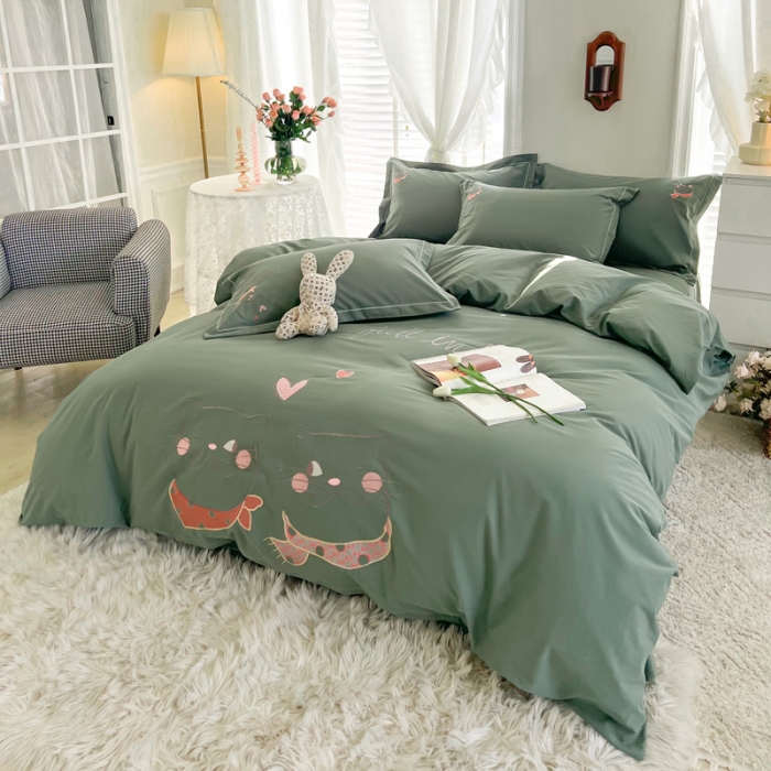 91家纺网 家纺一手货源 找家纺 雲归梦 2022新款小清新全棉绣花四件套 可爱喵-绿色