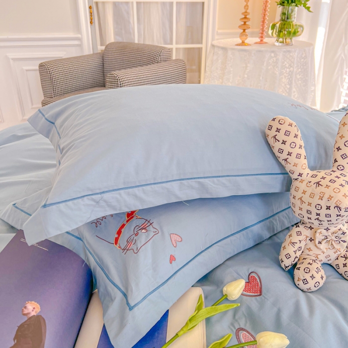 91家纺网 家纺一手货源 找家纺 雲归梦 2022新款小清新全棉绣花四件套 可爱喵-天蓝