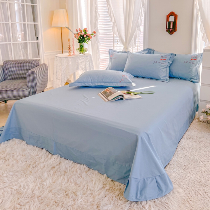 91家纺网 家纺一手货源 找家纺 雲归梦 2022新款小清新全棉绣花四件套 可爱喵-天蓝