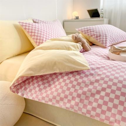 91家纺网 家纺一手货源 找家纺 （总）798 新款全棉13070水洗棉棋盘格A+纯色B四件套