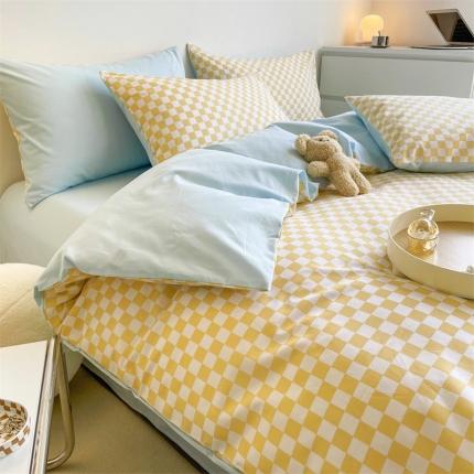 91家纺网 家纺一手货源 找家纺 （总）798 新款全棉13070水洗棉棋盘格A+纯色B四件套