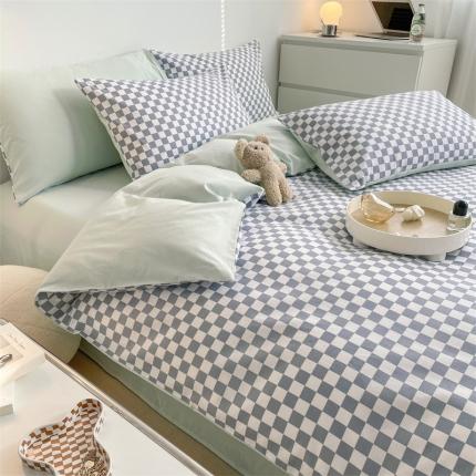 91家纺网 家纺一手货源 找家纺 （总）798 新款全棉13070水洗棉棋盘格A+纯色B四件套