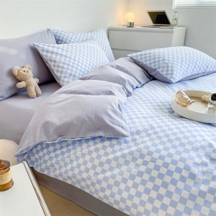 91家纺网 家纺一手货源 找家纺 （总）798 新款全棉13070水洗棉棋盘格A+纯色B四件套