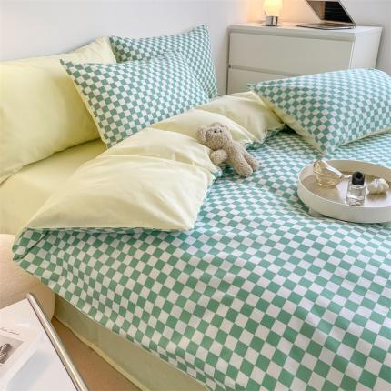 91家纺网 家纺一手货源 找家纺 （总）798 新款全棉13070水洗棉棋盘格A+纯色B四件套