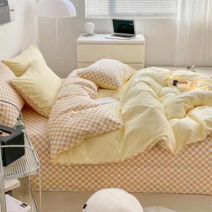 91家纺网 家纺一手货源 找家纺 798 新款全棉13070水洗棉纯色A+棋盘格B四件套 浅黄+黄格