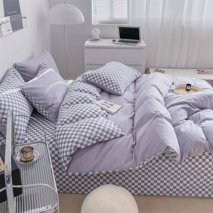 91家纺网 家纺一手货源 找家纺 798 新款全棉13070水洗棉纯色A+棋盘格B四件套 浅灰+灰格