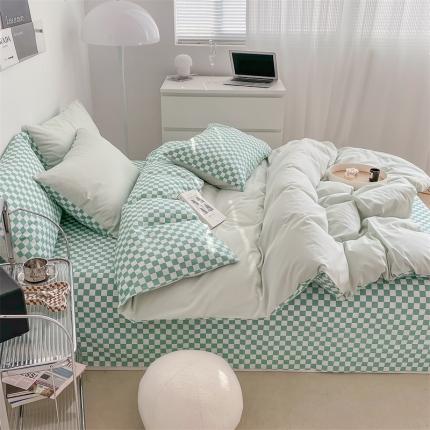 91家纺网 家纺一手货源 找家纺 798 新款全棉13070水洗棉纯色A+棋盘格B四件套 浅绿+绿格