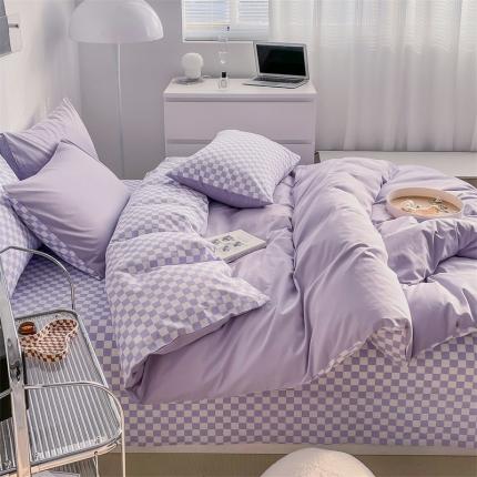 91家纺网 家纺一手货源 找家纺 798 新款全棉13070水洗棉纯色A+棋盘格B四件套 浅紫+紫格