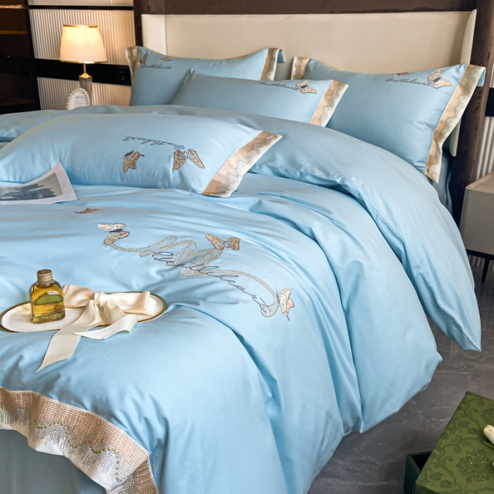 91家纺网 家纺一手货源 找家纺 安妮家居 2022新款全棉刺绣四件套-碟之恋 海蓝