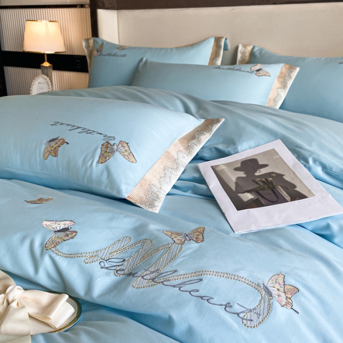 91家纺网 家纺一手货源 找家纺 安妮家居 2022新款全棉刺绣四件套-碟之恋 海蓝