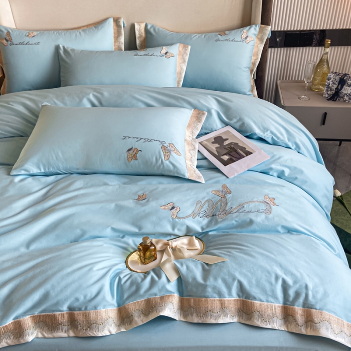 91家纺网 家纺一手货源 找家纺 安妮家居 2022新款全棉刺绣四件套-碟之恋 海蓝