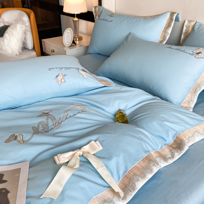 91家纺网 家纺一手货源 找家纺 安妮家居 2022新款全棉刺绣四件套-碟之恋 海蓝