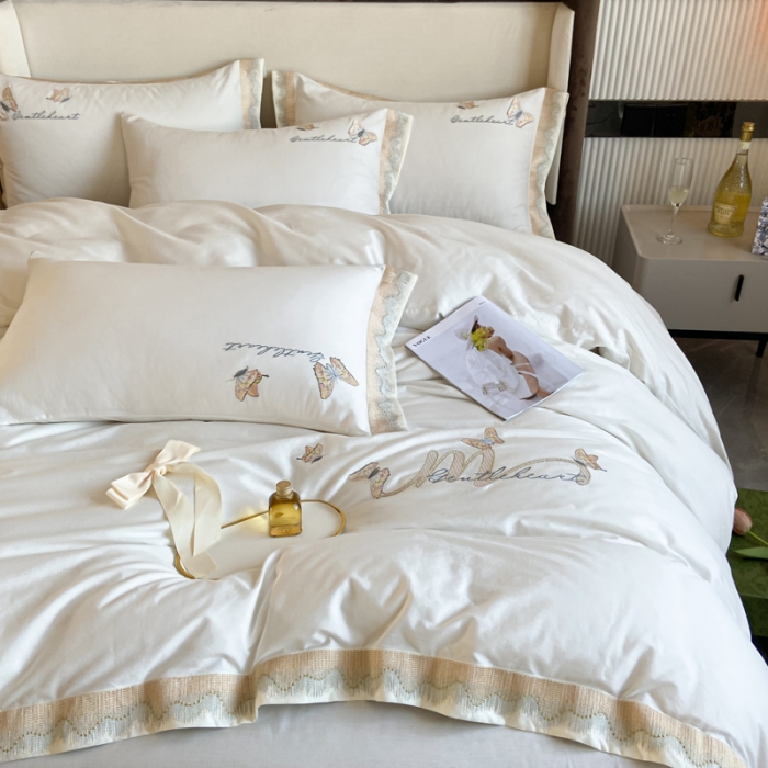 91家纺网 家纺一手货源 找家纺 安妮家居 2022新款全棉刺绣四件套-碟之恋 奶白