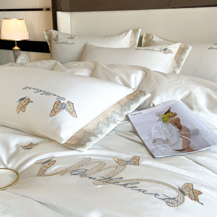 91家纺网 家纺一手货源 找家纺 安妮家居 2022新款全棉刺绣四件套-碟之恋 奶白