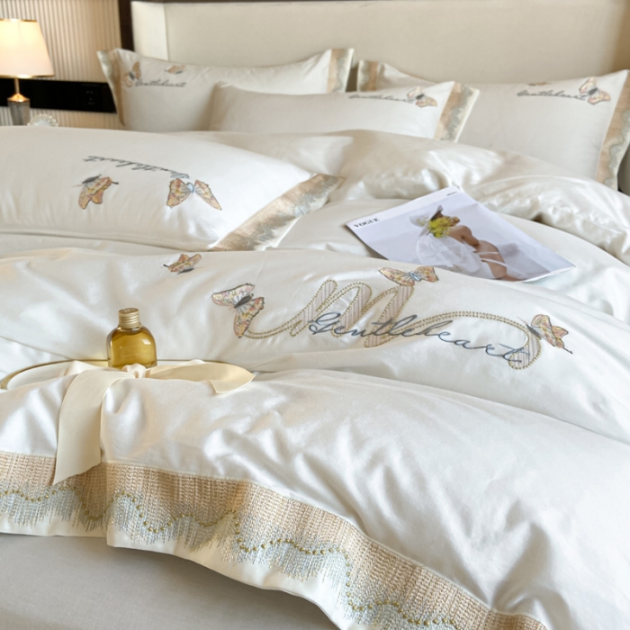 91家纺网 家纺一手货源 找家纺 安妮家居 2022新款全棉刺绣四件套-碟之恋 奶白