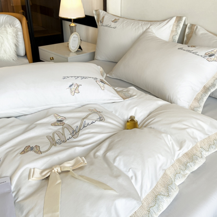 91家纺网 家纺一手货源 找家纺 安妮家居 2022新款全棉刺绣四件套-碟之恋 奶白