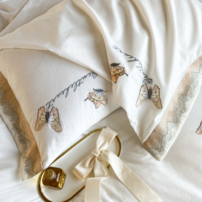 91家纺网 家纺一手货源 找家纺 安妮家居 2022新款全棉刺绣四件套-碟之恋 奶白