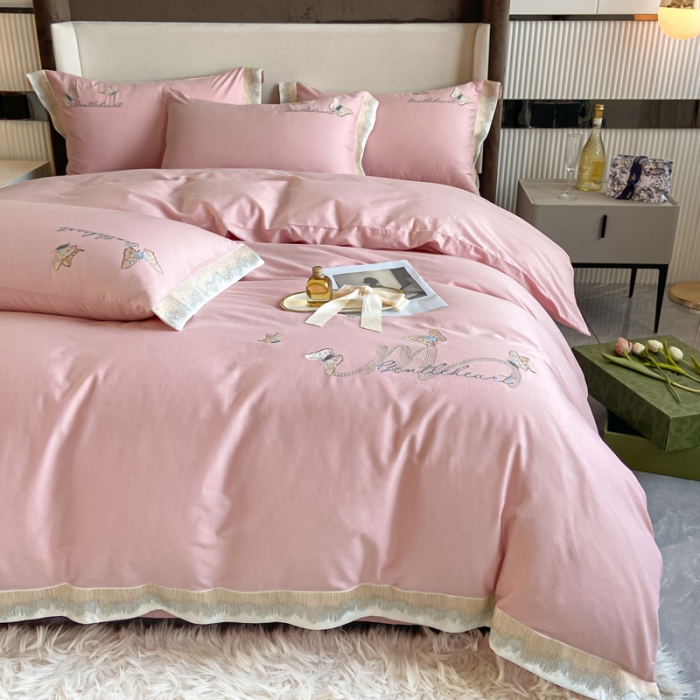 91家纺网 家纺一手货源 找家纺 安妮家居 2022新款全棉刺绣四件套-碟之恋 暖粉