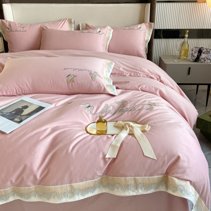 91家纺网 家纺一手货源 找家纺 安妮家居 2022新款全棉刺绣四件套-碟之恋 暖粉