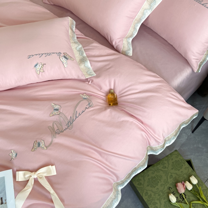 91家纺网 家纺一手货源 找家纺 安妮家居 2022新款全棉刺绣四件套-碟之恋 暖粉