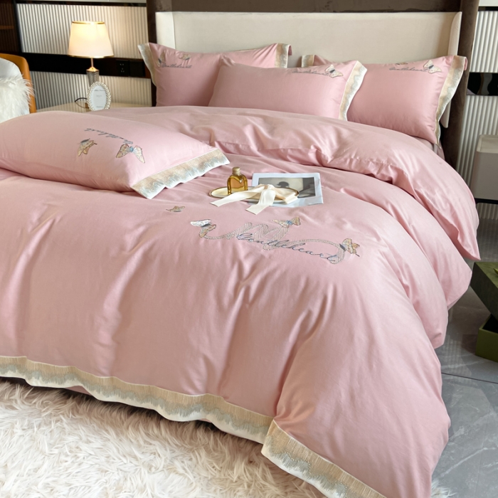 91家纺网 家纺一手货源 找家纺 安妮家居 2022新款全棉刺绣四件套-碟之恋 暖粉