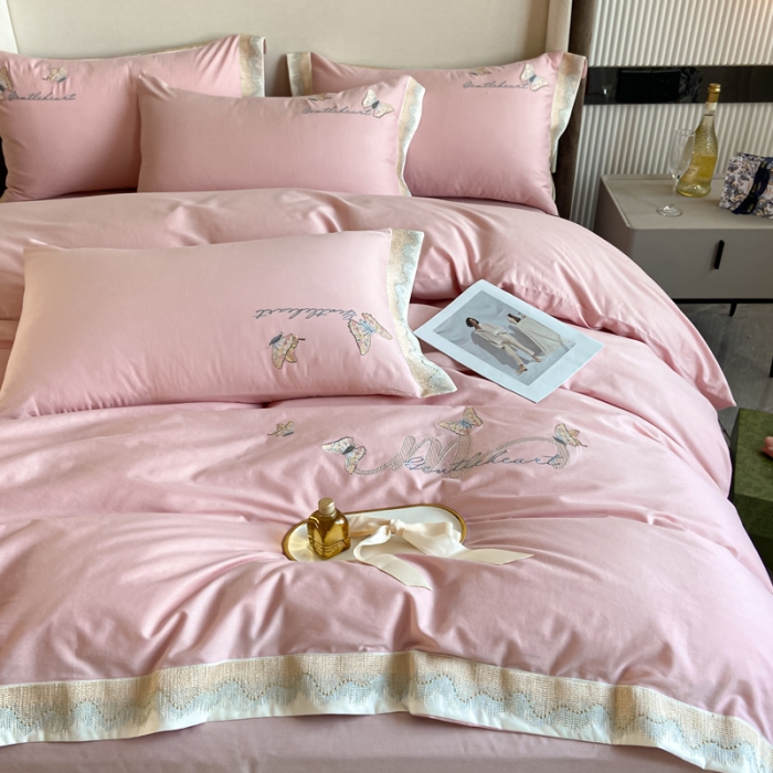 91家纺网 家纺一手货源 找家纺 安妮家居 2022新款全棉刺绣四件套-碟之恋 暖粉