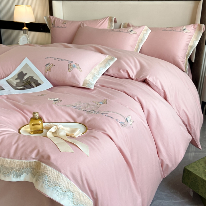 91家纺网 家纺一手货源 找家纺 安妮家居 2022新款全棉刺绣四件套-碟之恋 暖粉