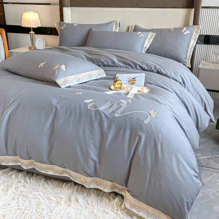 91家纺网 家纺一手货源 找家纺 安妮家居 2022新款全棉刺绣四件套-碟之恋 浅灰
