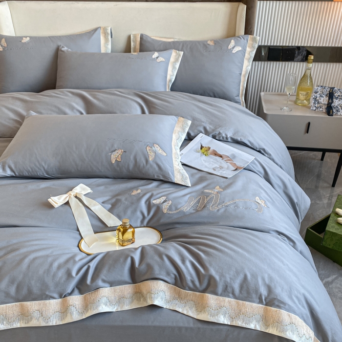 91家纺网 家纺一手货源 找家纺 安妮家居 2022新款全棉刺绣四件套-碟之恋 浅灰