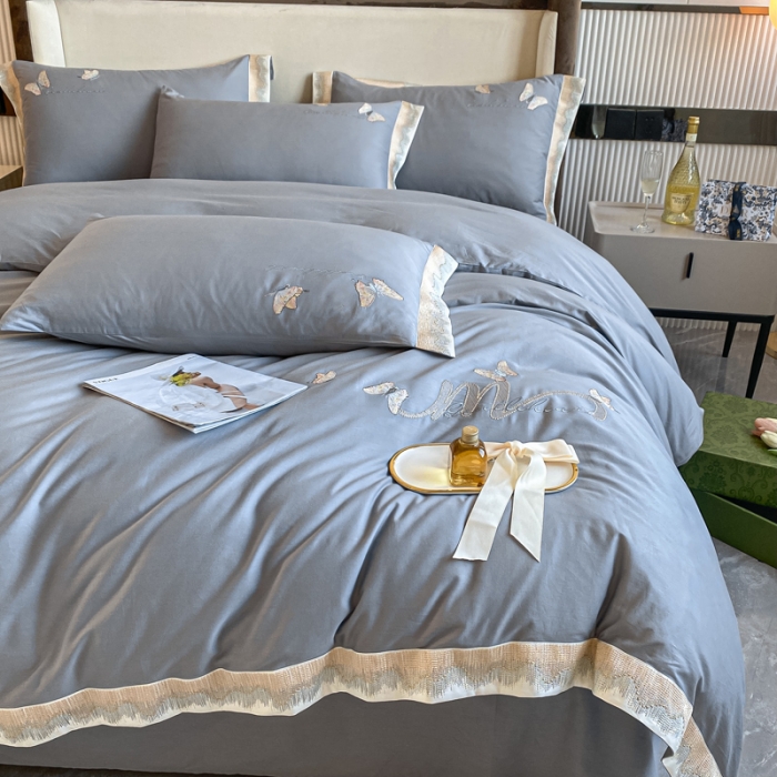 91家纺网 家纺一手货源 找家纺 安妮家居 2022新款全棉刺绣四件套-碟之恋 浅灰